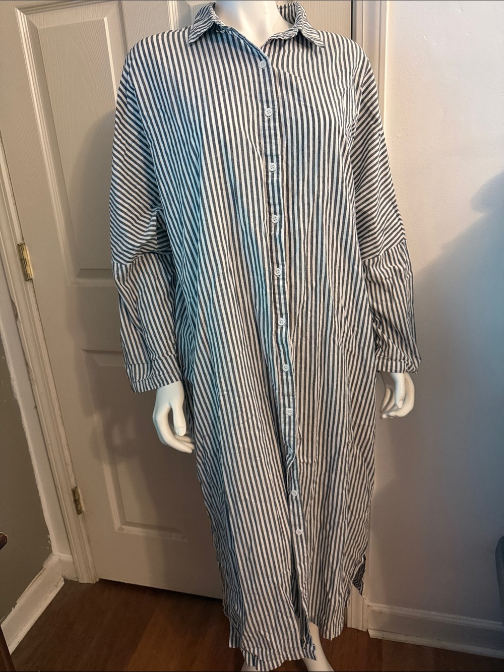 Striped Button-Front Maxi Shirt Dress - Blue and White